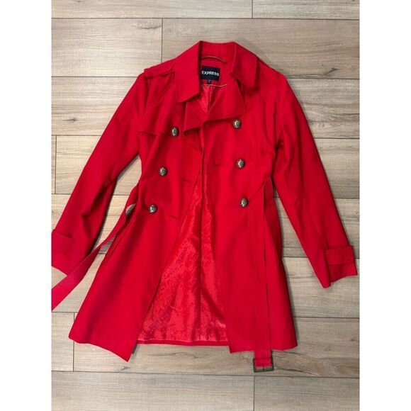 EXPRESS RED Women’s BELTED TRENCH COAT Small S Jacket - Picture 3 of 5